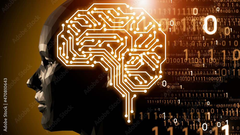 Aufkleber AI (Artificial Intelligence) concept. Deep learning. Electronic circuit. 3D rendering.