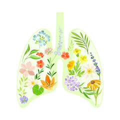 Anatomical lungs with flowers and leaves. Healthy blooming human internal organ vector illustration