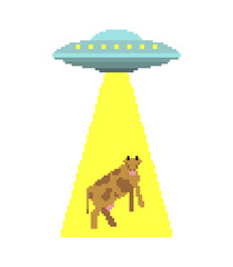 Ufo steals cow pixel art. pixelated Alien flying saucer and cows 8 bit. Concept of extraterrestrial civilizations and Experiments on another planet © maryvalery