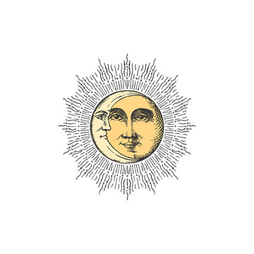 Sun, Moon, vector drawings. Esoteric vintage signs
