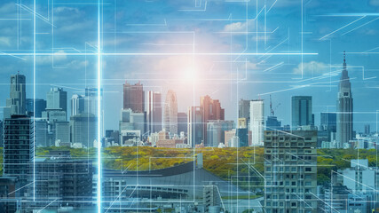 Fototapeta na wymiar Smart city and electronics technology concept. Communication network.