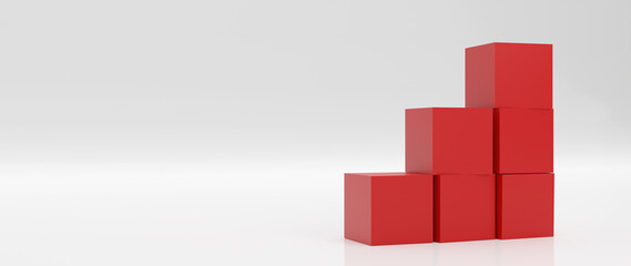 a pile of red boxes stack as stair step on white background. Success, climbing to the top, Progression, business growth concept. 3D Render Illustration.