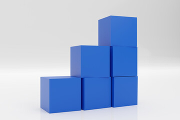 a pile of blue boxes stack as stair step on white background. Success, climbing to the top, Progression, business growth concept. 3D Render Illustration..
