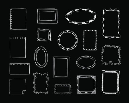 Vector collection of chalk drawn doodle frames isolated on black background, white drawings set, minimal freehand drawn sketches.