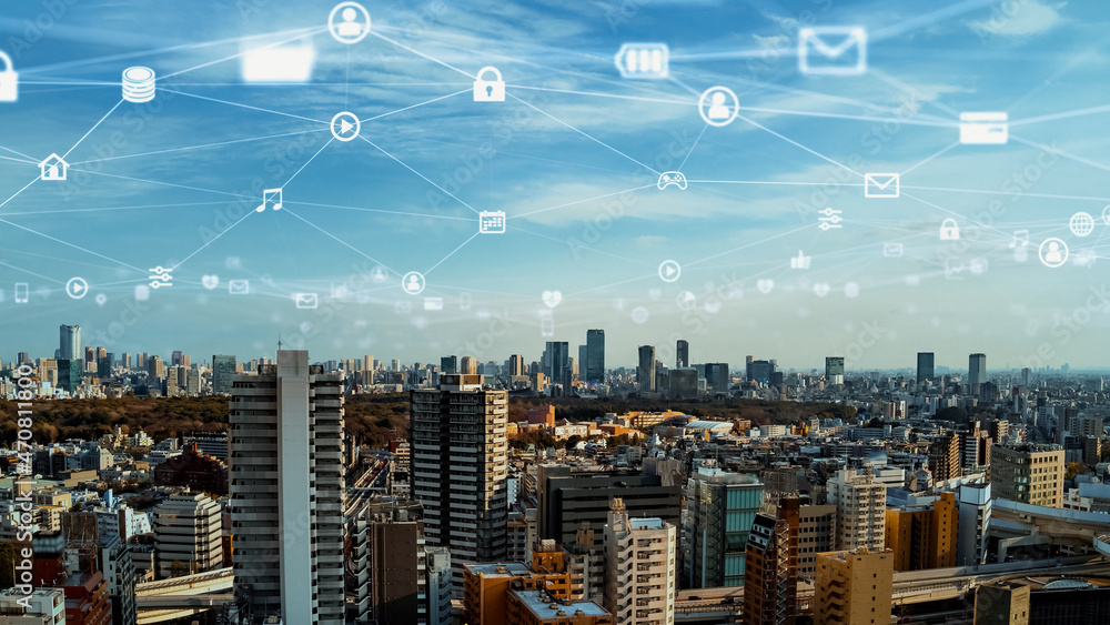 Fototapete Smart city and communication network concept. 5G. IoT (Internet of Things). Telecommunication.