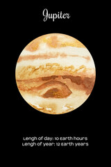 Watercolor planet Jupiter isolated on dark black background. Jupiter Illustration