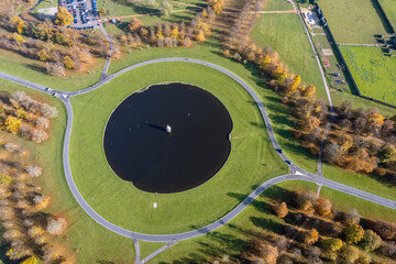 The drone aerial view of Diana fountain in Bushy park, London.Bushy Park in the London Borough of Richmond upon Thames is the second largest of London's Royal Parks.