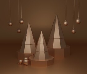 3d design with a card of Christmas trees with decoration of three-dimensional Christmas balls in metallic copper tone and with infinite background