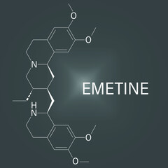 Emetine molecule. Has emetic (induces vomiting) and anti-protozoal properties. Skeletal formula.