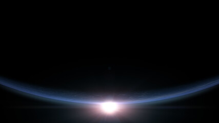 A cinematic rendering of planet Earth during sunrise as view from space with vibrant blue atmosphere and cloudy sky showing continents below