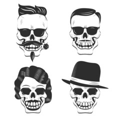 Retro skull characters with different haircuts, mustaches,hat,cigar