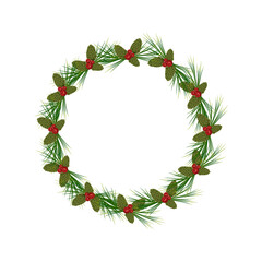 Round Christmas frame of fir and pine branches, long coniferous needles and cones with red berries. Festive decoration for the New Year and winter holidays