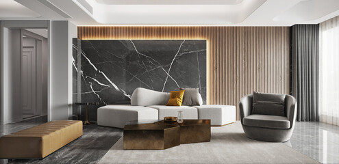 large luxury modern interior of living room.3D illustration
