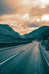 A4086 heading towards the Pass of Llanberis and Pen-y-pass with mountains in the background.  Part of the Snowdonia National Park