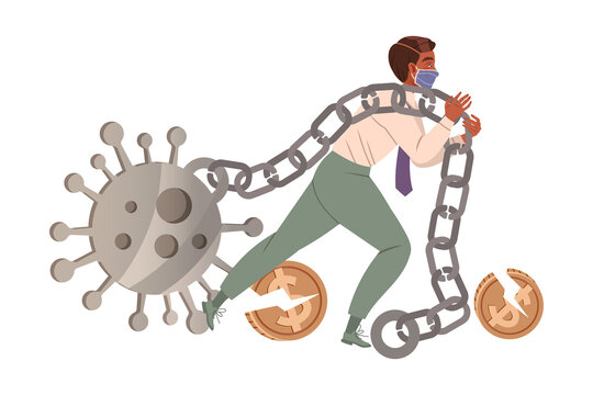 Businessman chained by Coronavirus cell. Financial crisis, bankruptcy, new normal concept cartoon vector illustration