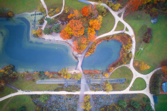 Aerial view of Irchel park with pond at City of Z&uuml;rich on a rainy autumn day. Photo taken November 14th, 2021, Zurich, Switzerland.