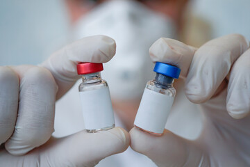 Blank label for your text and design on the bottle with the liquid. Scientific development of...