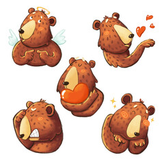 5 out of 6 Brown bear set of different emotions. Cute isolated animal illustrations on white background. Stickers set.