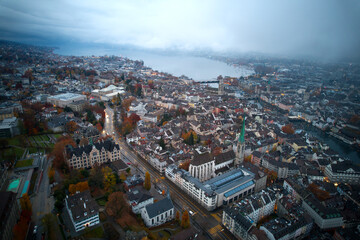 Fototapeta na wymiar Aerial view of City of Zürich with lake Zürich in the background on a cloudy autumn morning. Photo taken November 14th, 2021, Zurich, Switzerland.