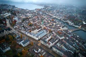 Aerial view of City of Zürich with lake Zürich in the background on a cloudy autumn morning. Photo taken November 14th, 2021, Zurich, Switzerland.