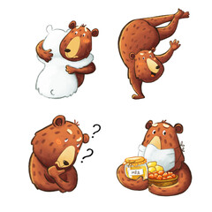 1out of 6 Brown bear set of different emotions. Cute isolated animal illustrations on white background. Stickers set.