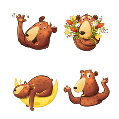 2 out of 6 Brown bear set of different emotions. Cute isolated animal illustrations on white background. Stickers set.