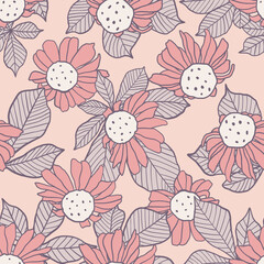Hand drawn floral seamless pattern. Pink flowers and gray leaves. Cute pastel colored background.