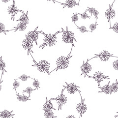 Seamless pattern of hearts with daisies, a linear illustration on a white background.