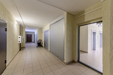 Russia, Moscow- May 05, 2020: interior public place, house entrance. doors, walls, staircase corridors