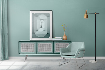 Mint green contemporary living room interior design with picture frame