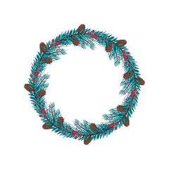 Round Christmas frame from fir branches with blue needles, red berries and cones. Festive decoration for New Year and winter holidays