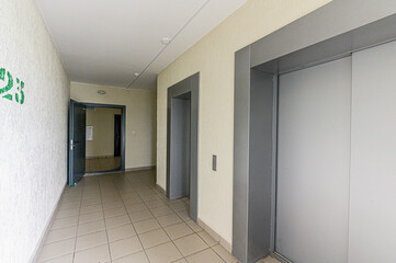 Russia, Moscow- May 05, 2020: interior public place, house entrance. doors, walls, staircase corridors