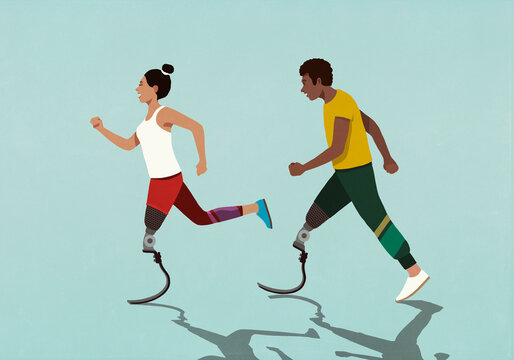 Amputee couple with prosthetic legs jogging
