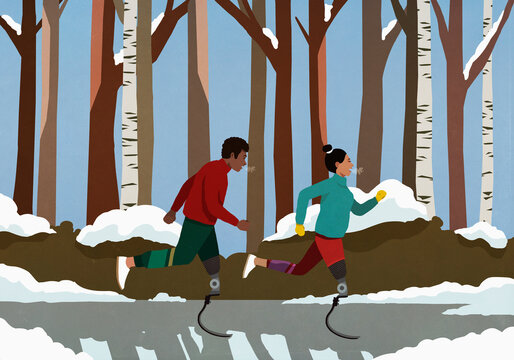 Amputee couple with artificial legs jogging in snowy park
