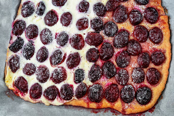 Freshly baked plum pie with curd on baking paper.
