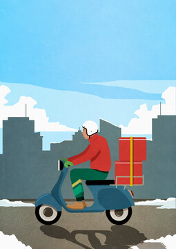 Man in helmet driving motor scooter with red cases

