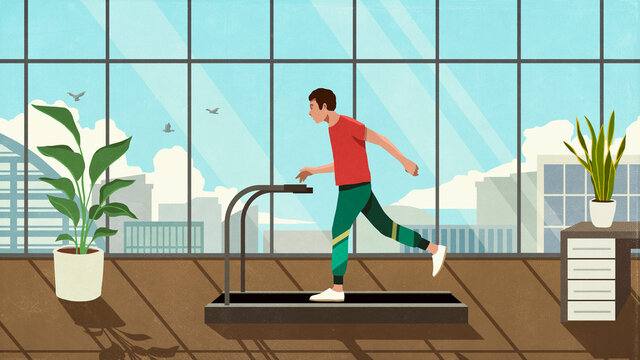 Man running on treadmill in sunny highrise window
