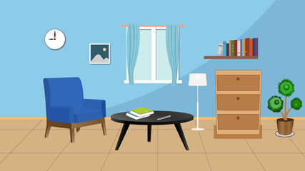 modern living room with furniture with mini table,lamp, book,clock and window vector illustration
