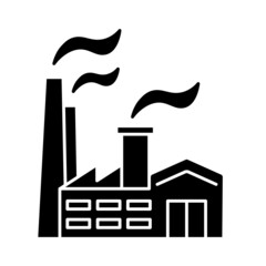 Factory icon. Vector industrial building with smoke. Black silhouette of manufacturing object. Plant for industrial design