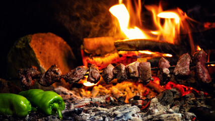 lamb shish kebab on campfire