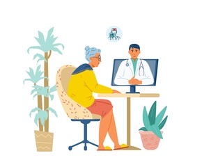 Online medical consultation for elderly flat vector illustration. Senior woman talking to doctor online.