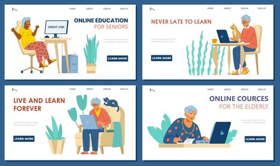 Online education for elderly landing page templates vector set. Senior women at computers learning distantly.