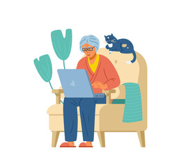 Senior woman at home typing on laptop flat vector illustration. Isolated on white.