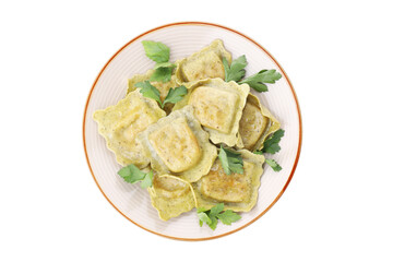 Plate with delicious ravioli isolated on white background