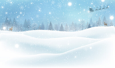Christmas winter landscape background. Merry Christmas and Happy New Year winter landscape with fir trees and deer. Beautiful snowy winter landscape panorama with forest. Vector winter background.