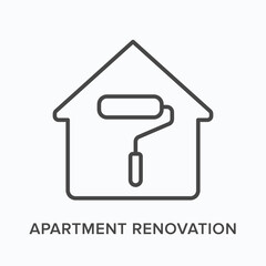 Apartment renovation flat line icon. Vector outline illustration of house and roller. Black thin linear pictogram for property restoration