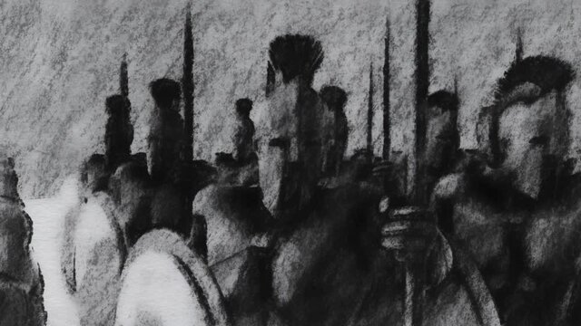 
Spartan Soldiers Holding Spears and Shields Charcoal Sketch
