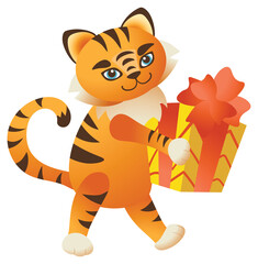 Cute tiger with a gift in its hands. 2022 mascot. Isolated on a white background. Can be used for t-shirt, greeting card, invitation card or mascot, banners, web, packaging, ads, cards etc. Vector.