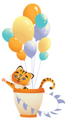 Cute tiger cub, fly on air balloons. 2022 mascot. Isolated on a white background. Can be used for t-shirt, greeting card, invitation card or mascot, banners, web, packaging, ads, cards etc. Vector.