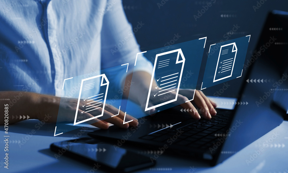 Poster businessman working at laptop computer and digital documents with checkbox lists. law regulation and